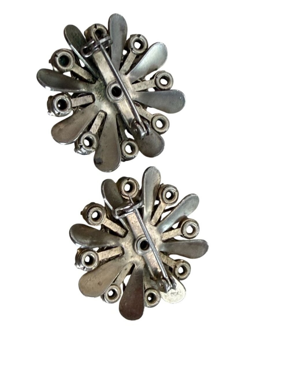 Vintage Set 2 Flower Blue Clear Rhinestones Brooches Silver Tone Matching 1.25" - Picture 2 of 6